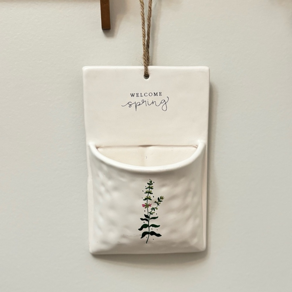 White Ceramic Wall Pocket with Floral Design Welcome Spring